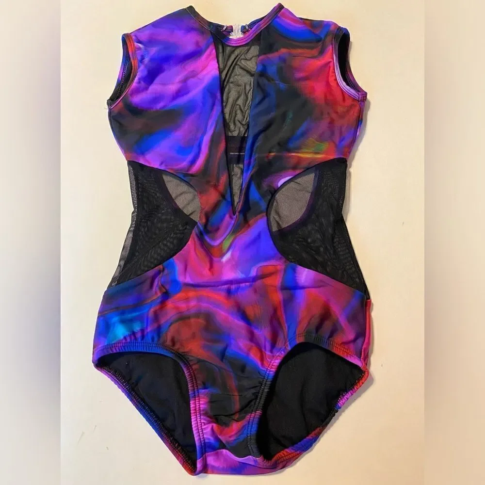 LA Dance Olivia Contemporary Solo Costume Purple Blue Mesh Cutout Leotard LC